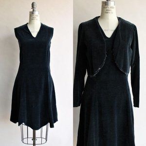 Vintage 1920s Dress with Jacket/ Navy Blue Cotton Velvet Day Dress, Short Bolero